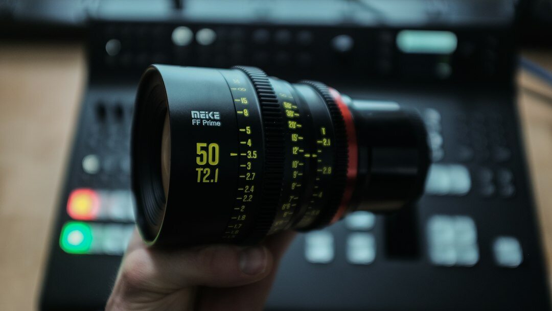 Close-up of a professional broadcast camera lens